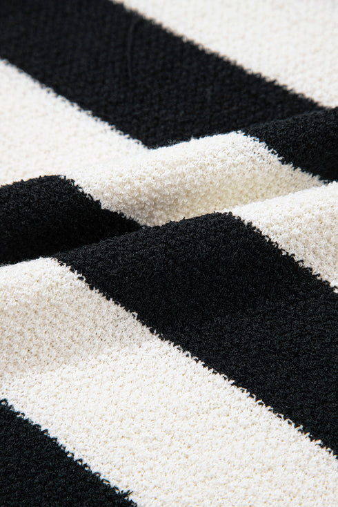 Black Mixed Striped Print Half Placket Collared Cap Sleeve Bodycon Sweater Dress